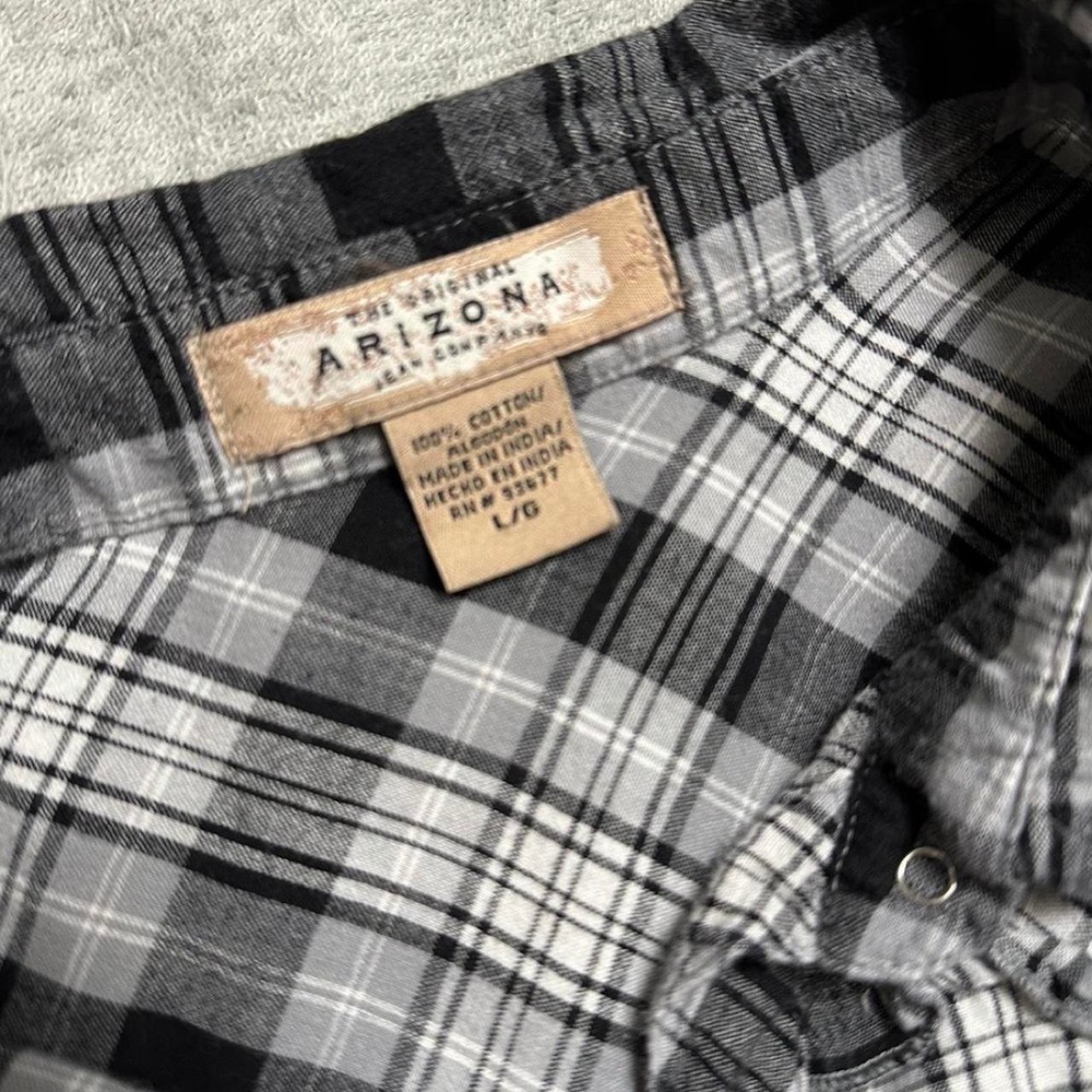 Arizona Jean Co Western Plaid Pearl Snap Ruffle Shirt Black Grey Women Large - Picture 6 of 7